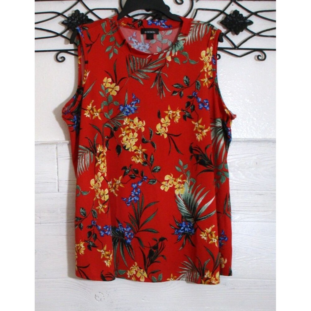 By Design Women's Knit Top Size 1X Sleeveless Red Floral Round Neck